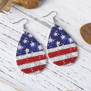 Silver Patriotic Teardrop Vegan Leather Earrings Dangling American Flag - Picture 1 of 4