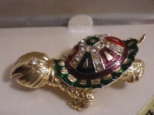 Vintage Amanda Smith Pin Brooch Turtle rhinestones enamel red green w/box - Picture 1 of 10