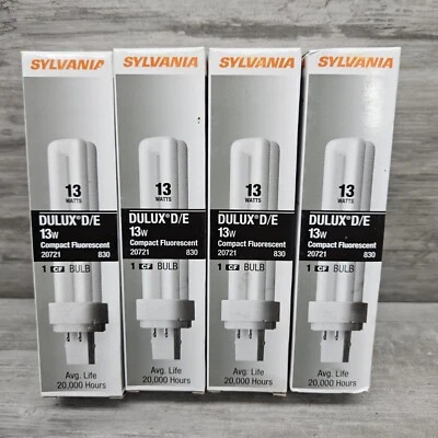 (4)- SYLVANIA DULUX D/E 13W Compact Fluorescent 20721 830 12,000 Hours Lamps NOS - Image 1 of 4