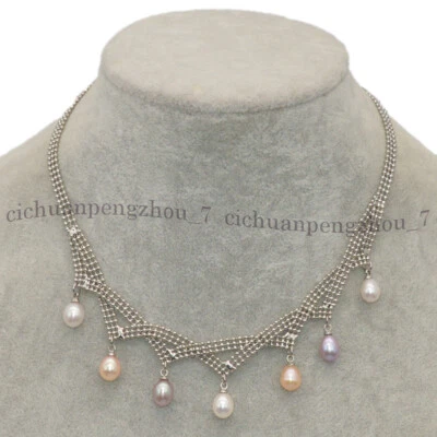 Natural 7-8mm White Pink Purple Cultured Pearl Pendant Choker Necklace 17'' - Image 1 of 4