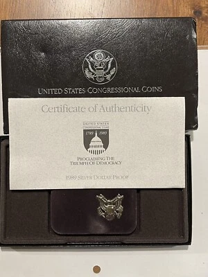 1989 US Mint CONGRESSIONAL 90% SILVER Proof Dollar Commemorative Coin Box & COA - Image 1 of 4