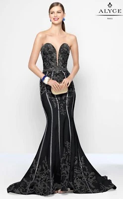 Designer Plunge Dress Gown from Black Label by Alyce Paris, Black/Charcoal, US 8 - Image 1 of 4