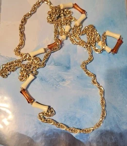 Vintage Sarah Coventry long station necklace. 32", Gold  Amber  White, gn01-7 - Picture 1 of 4