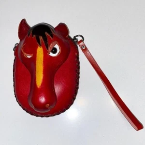 Handmade Red Leather Horse Mini Purse Wallet Wink Comic Zipper Handle Wristlet - Picture 1 of 6