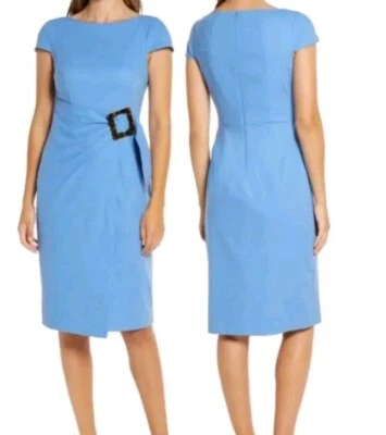 NUEVO Vestido Eliza J Mezcla de Lino Imitación Envolvente Talla 12 Azul Midi Vaina Cuello Barco Foto 1 de 4