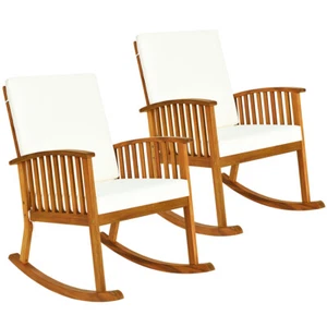 Costway 2PC Outdoor Acacia Wood Rocking Chair Patio Backyard Lawn W/ Cushion - Picture 1 of 12
