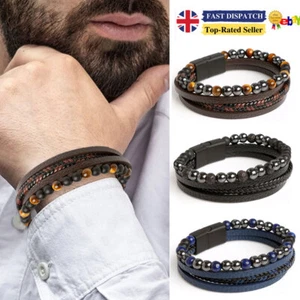 Mens Leather Bracelet Bangle Wrap Wristband PU Surfer Layer Stack Brown Braided - Picture 1 of 12