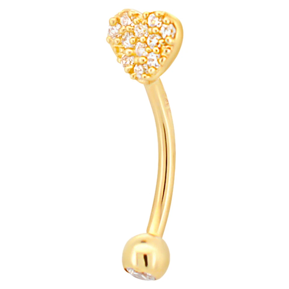 14k Solid Gold Cubic Zirconia Encrusted Heart Eyebrow Curved Barbell - Image 1 of 1