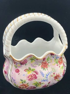 Formalities By Baum Bros Porcelain Floral Basket Vase Pink Gold Chintz - Picture 1 of 12