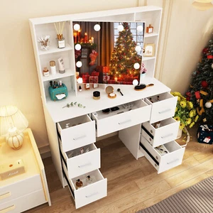 Modern 7 Drawers Vanity Desk Dressing Table + 10 LED Bulbs Lighted Makeup Mirror - Picture 1 of 10