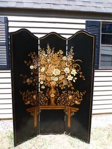 Vintage Chinoiserie Dressing Screen Ebonized Black Lacquer Folding Room Divider - Picture 1 of 14