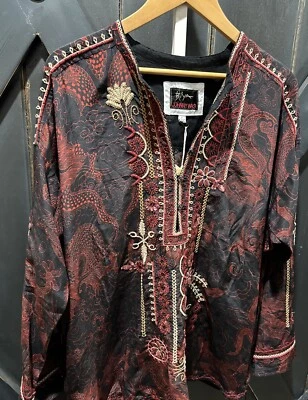 Johnny Was Belina Tunic Blouse Black Red Print Silk Embroidered Sequin Sz L NWT - Imagem 1 de 4