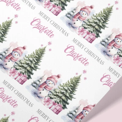 Personalised Christmas Pink Snowman Wrapping Paper - Image 1 of 4