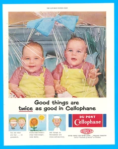 Du Pont cellophane twin babies wrapped dangerous vintage print ad 1954 - Picture 1 of 4