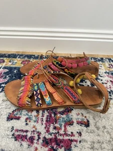 Elina Linardaki Women's Boho Chic Woven Pom Pom Gladiator Sandals Greek Eu 37 - Bild 1 von 15