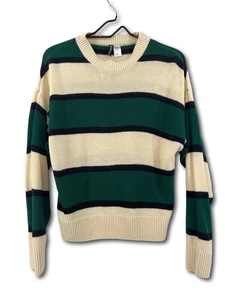 H&M Divided Striped Sweater Green White Woman’s Medium Crew Neck - Picture 1 of 11
