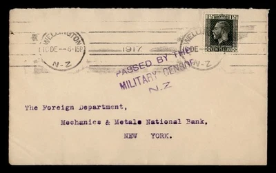 DR WHO 1917 NUEVA ZELANDA PRIMERA GUERRA MUNDIAL CENSURADO WELLINGTON A EE. UU. M62441 Foto 1 de 2