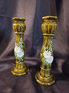 Juego de 2 Candelabros Vintage Margarita Bambú Verde Oliva Cerámica - Imagen 1 de 6