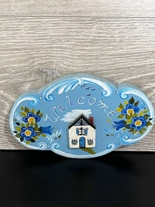 Vintage Hand Painted WELCOME Door Sign 8"L X 6.25"W Blue/Green/Yellow - Picture 1 of 4