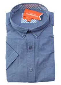 Nuova con etichette - Johnston & Murphy PERFORMANCE Uomo - Tinta Unita/Blu - CAMICIA TESTURIZZATA S/S - XL - Foto 1 di 3