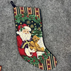 Needlepoint & Velvet Christmas Stocking Santa Claus Teddy Bear Holly Navy Blue - Picture 1 of 5