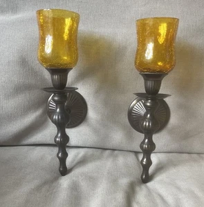 Coppia di applique da parete vintage con vetro crepato ambrato e ottone made in India - Foto 1 di 4