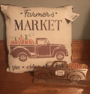 Farmers Market 16x16 PILLOW COUNTRY FARMHOUSE NEW & Metal TRUCK W/ Pumpkins - Picture 1 of 4