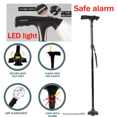 Elder Folding Walking Stick Walking Cane Height Adjustable LED Light Torch Alarm - Image 1 of 4