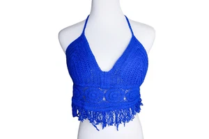 Sans Souci blau Häkel Boho Festival Hippie Cropped Fransen Neckholder Top Gr. Small - Bild 1 von 7