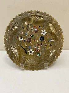 🔴⚪🔵 VTG Pietra Dura Marble Inlay Semi-precious Stones Decor India 9" Tray - Picture 1 of 10