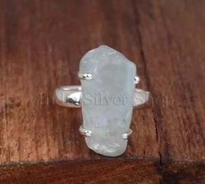 Anillo de piedra áspera aguamarina natural punta asentamiento banda de plata esterlina para ella - Imagen 1 de 6
