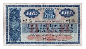 The BRITISH LINEN BANK £5 note, issued 1st Oct 1949, prefix Q/8. - Picture 1 of 2