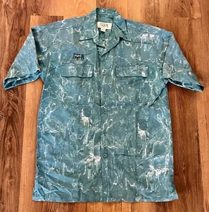 Aqua Design Vtg Short Sleeve Button-Up Shirt Water Camouflage Teal Mens L EUC - Picture 1 of 10