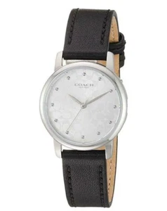 COACH 14503403 GRAND SILVER LOGO DIAL BLACK LEATHER STRAP WOMENS WATCH - Picture 1 of 6