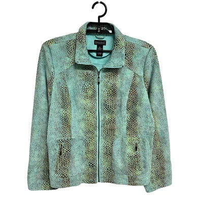 Dialogue women's Faux leather blazer green animal print zip up size L - Image 1 of 4