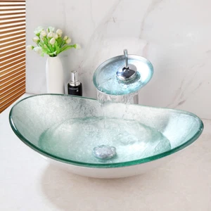 Arte ovalado Baño Vidrio Plateado Vaso Fregadero Cuenco Combo Mezclador Drenaje Grifo Set - Imagen 1 de 11
