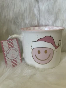 NEW Light Pink SMILEY FACE with SANTA HAT MUG Checkered PEPPERMINT & PINE - Picture 1 of 5