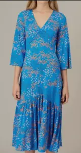 BNWT JIGSAW Size L 14 Azure Blue Ruched Floral Dress Jersey Stretch 3/4 Sleeve - Picture 1 of 11