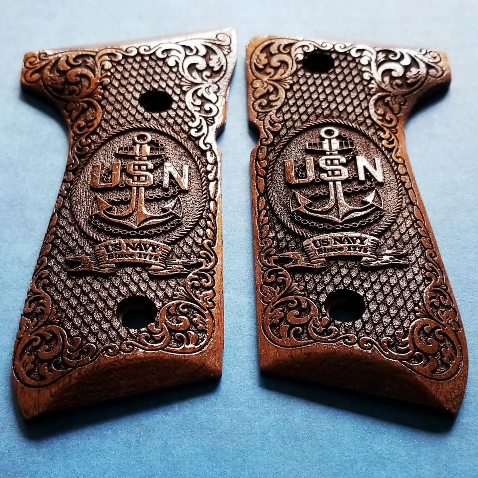 Beretta 92 92FS 96 custom 3d engraved walnut wood grips US Navy Checkered Scroll