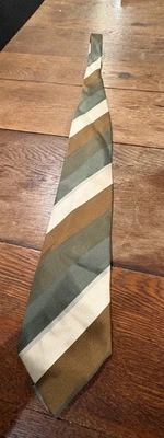 Bruno Piatelli 男式手工纯丝绸绿色/棕色/奶油色对角条纹领带  — 第 1/4 张图片