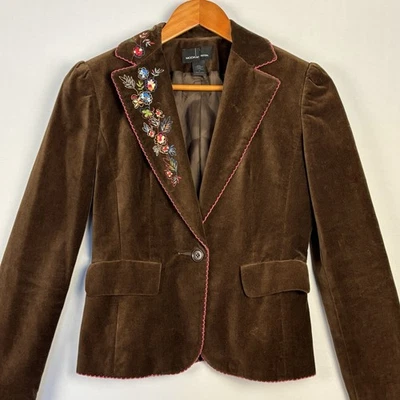 Chaqueta Blazer Mujer Y2K Talla 2 Terciopelo Bordado Forrado Boho Marrón Foto 1 de 4