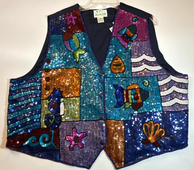 Quacker Factory BLUE SEQUIN FISH VEST Plus 2X Seahorse BEADED Seashore Glitz - Image 1 of 4