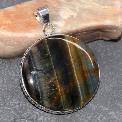 Black Tiger Eye 925 Silver Plated Round Pendant 1.7" Unique Gift GW - Image 1 of 3
