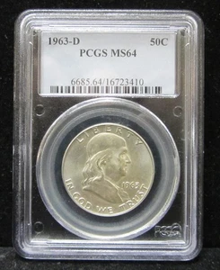 1963-D FRANKLIN HALF DOLLAR GRADED PCGS MS 64 - BELL LINES LOOK TO BE 90% - Picture 1 of 4