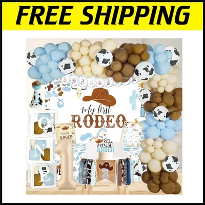 Kit completo de fiesta de cumpleaños con temática de vaquero - pancarta y globos para trona Foto 1 de 4