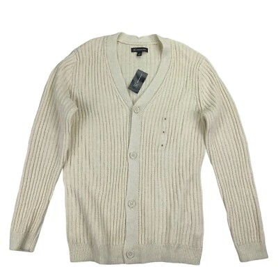 INC Mens Twisted Classic Fit Metallic Ribbed Cardigan Sweater Off White S - Image 1 of 4