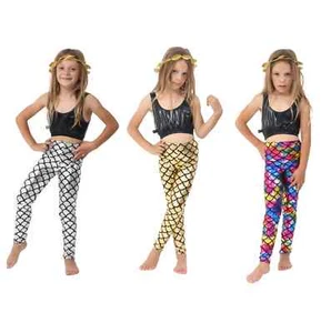 Girls Kids Metallic Mermaid Fish Scale Design Leggings Gold Silver Multi Little - Picture 1 of 8