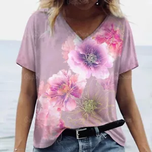 18-20/Plus size Modern V-Neck 3D Purple Flower T-Shirt Short Sleeve Loose Blouse - Picture 1 of 2