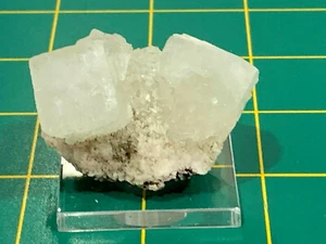 Thumbnail - Apophyllite Crystals on Pink Heulandite & acrylic base Nashik, India - Picture 1 of 8