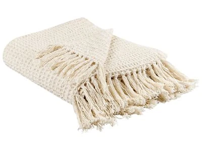 Decke Baumwolle beige 125 x 150 cm mit Fransen Wohndecke Überwurf Modern Malu - Bild 1 von 4